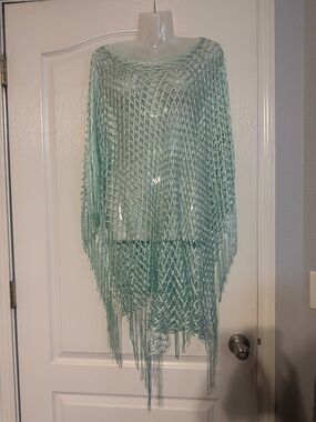 Light Mint Crochet Fringe Poncho - Women Accessories